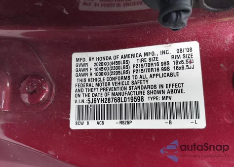 2008 Honda Element Ex z USA, uszkodzony, nr VIN 5J6YH28768L019598